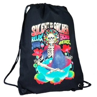 Černý vak na záda s kapsou Silent is golden